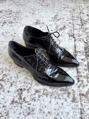 Baldinini Italy Made Pointed Black Patent Leather Oxford Lace-Up Shoes (Size 6)